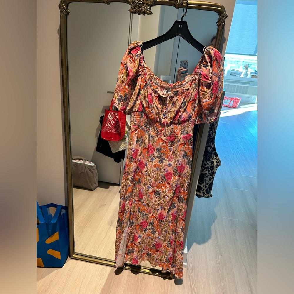 Other stories floral puff sleeve midi slit dress size 12